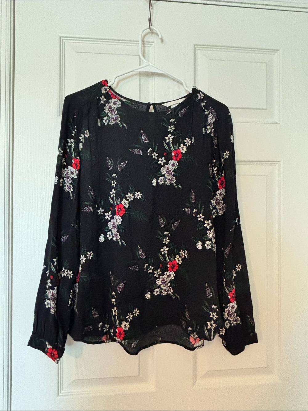 H&M Black Floral Long-Sleeve Blouse with Red and White Flowers